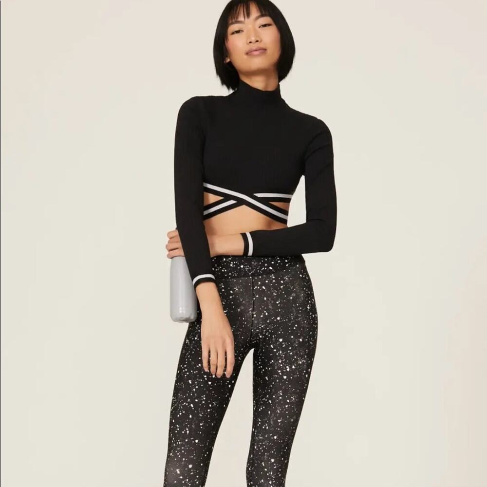 MICHI Black White Apex Ribbed cropped mock neck striped straps cutout Top LARGE